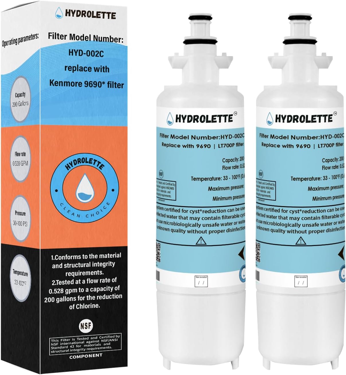 Water Filter Replacement for Kenmore Elite 46 9690, HYD-002C Compatible with LG LT700P LFXS29766S LFX31925ST 469690 R-9690 ADQ36006101 ADQ36006102 2 Pack