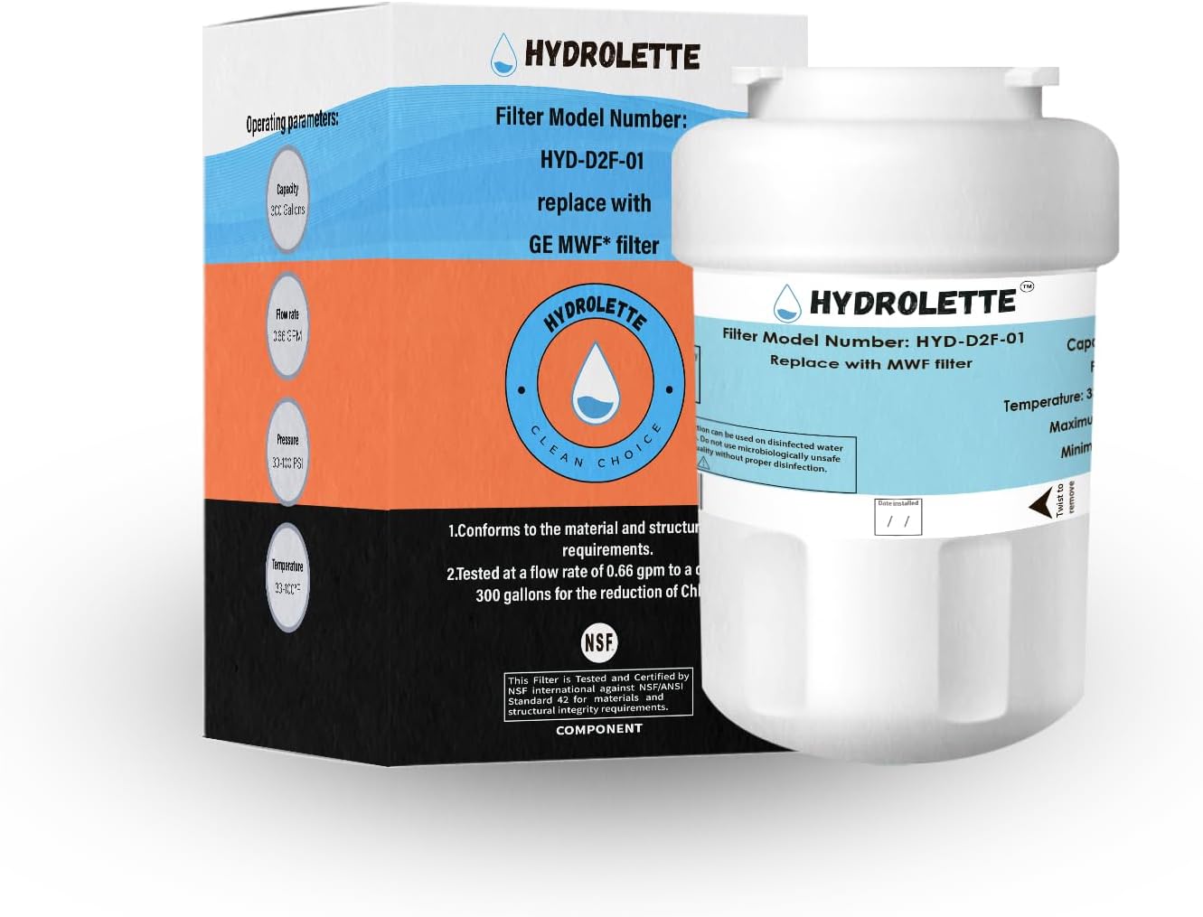 Water Filter Replacement for GE MWF, HYD-D2F-01 Compatible with SmartWater MWFP MWFA GWF BSS25JFRJWW WFC1201 RWF1060 197D6321P006 9991, 1 Pack